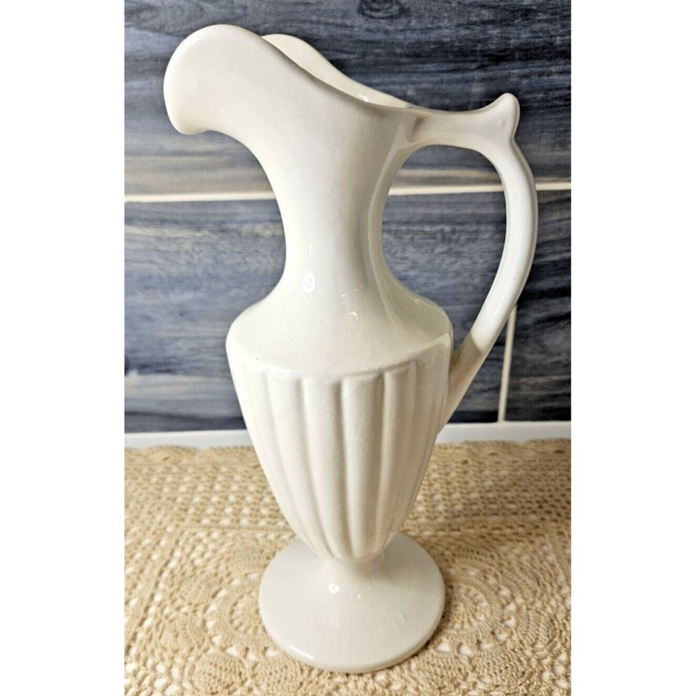 Vintage Haeger Pottery Vase #8403 Ribbed Pitcher Ewer Gloss White Cream (read)